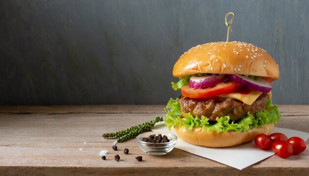 Wooden Elegance: Close-Up of a Savory Homemade Beef Burger
