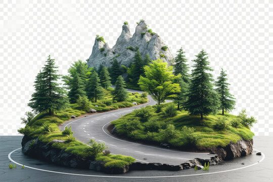 3d illustration of curved road with floating forest land with mountains, trees, animals isloated