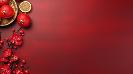 Chinese New Year seasonal social media background design with blank space for text. Red flowers and red plums are placed at the left side of the picture on red background.