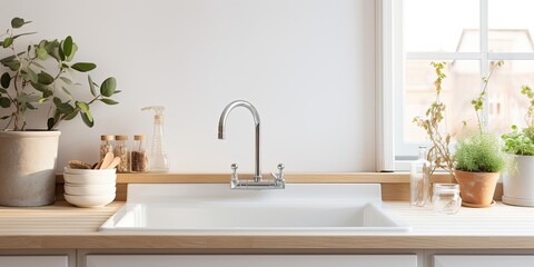 Fototapeta na wymiar Scandinavian-design kitchen with a modern, fancy sink.