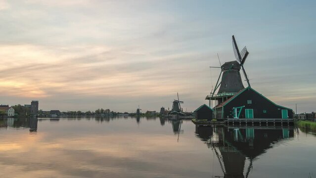 Dutch Windmill day to night sunset time lapse at Zaanse Schans Village, Amsterdam Netherlands timelapse