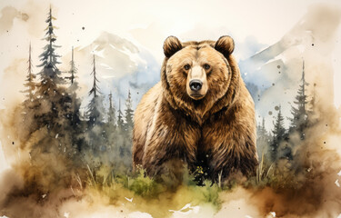 Wild brown bear on the background of mountains and forest. Watercolor painting
