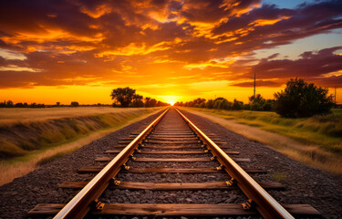 Fiery sunset skies above straight railroad in countryside