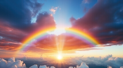 Fototapeta premium Beauty rainbow in storm cloud above autumn field landscape. Weather, nature background.