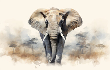 African elephant in the savannah, watercolor painting