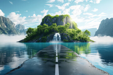  floating road with tropical island. piece of land with waterfall and ocean with beautiful landscape - obrazy, fototapety, plakaty