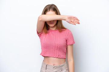 Teenager Russian girl isolated on white background covering eyes by hands