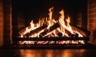 A brick fireplace in which a fire burns. Wood burning in a cozy fireplace - Powered by Adobe
