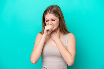 Teenager Russian girl isolated on blue background coughing a lot