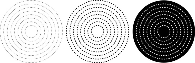 Halftone dash circle element. Radial, radiating dash lines. Circular, concentric circles