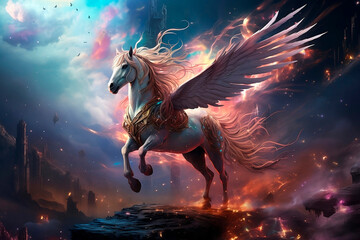 Obraz na płótnie Canvas A white unicorn with a colorful mane in a fairy tale world