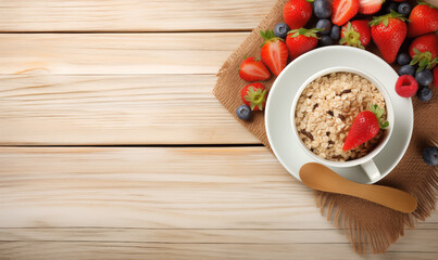 Dietary breakfast served on a light wooden table top view