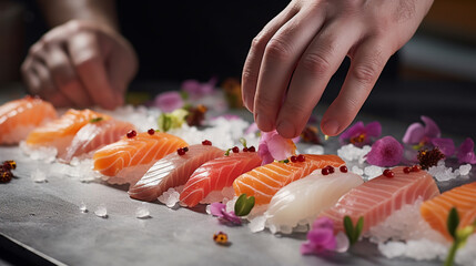 Obraz na płótnie Canvas close up of hands of professional chef preparing sushi and rolls in restaurant kitchen.Generative AI