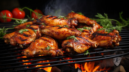 Top view of appetizing grilled chicken wings placed on metal grid on gray background.Generative AI