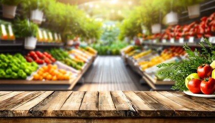 Grocery Elegance: An Empty Wooden Table in Store Ambiance