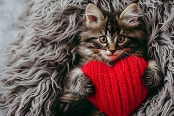 Red knitted heart in the paws of a cat. Valentine's Day background.