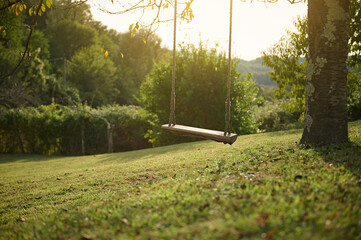 Still life with a simple wooden swing handing on the tree branch on the garden at sunset - obrazy, fototapety, plakaty