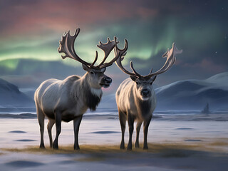 A pair of reindeer standing in a snow covered clearing, their breath visible in the crisp winter