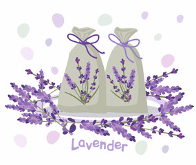 Fragrant lavender bags with bows, a lavender wreath. Vector illustration