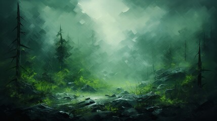 abstract green landscape idyllic scenery oil painting texture design. glade in forest surrounded by evergreen trees at dawn. nature environment travel saga concept background illustration.  - obrazy, fototapety, plakaty