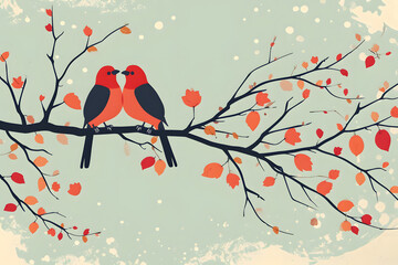 Couple birds in love on a branch of tree. Valentine day background.