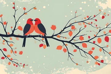 Poster Couple birds in love on a branch of tree. Valentine day background. © Pacharee