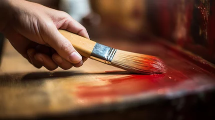 Foto op Aluminium hand holds a brush and applies paint on a wooden surface.Generative AI © Артур Комис