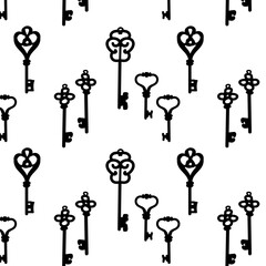 vintage keys background in silhouettes. Vector illustration on white background. Seamless pattern. 