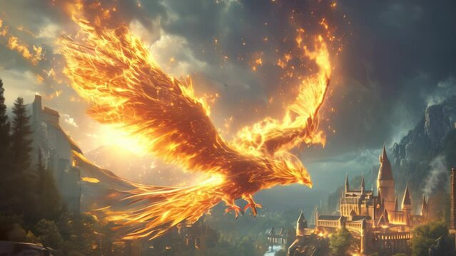 Flying fire phoenix over the castle