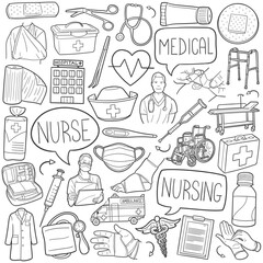 Nurse Doodle Icons Black and White Line Art. Nursering Clipart Hand Drawn Symbol Design.