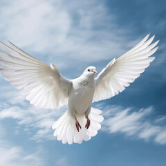Obraz premium Graceful Flight: A White Dove Soars in the Blue Sky