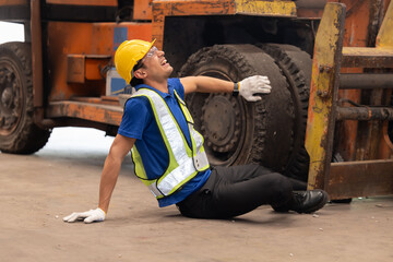 Industrial engineer worker leg was hit by forklift car at the factory - obrazy, fototapety, plakaty
