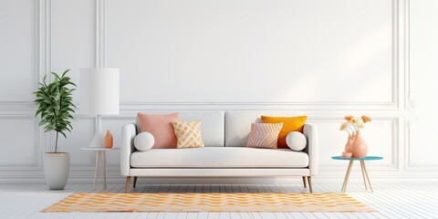 Bright and roomy white space with patterned carpet, couch, and chair.