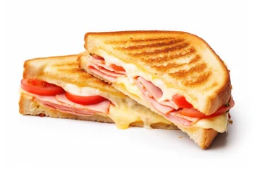 Türaufkleber Crispy toasted sandwiches with ham, melted cheese and tomato on white background, Street food © Anzhela
