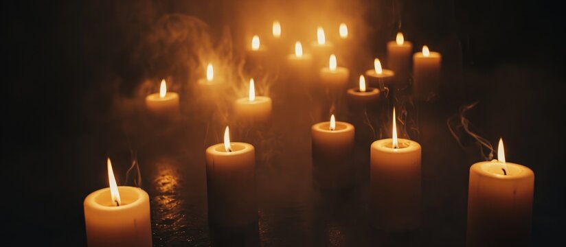 Dark photo showing candles on fire.