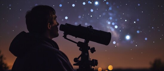 Man observing Orion constellation through a telescope.
