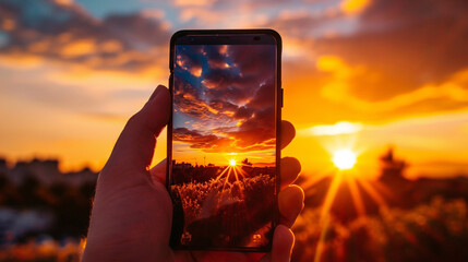 Phone showing vibrant, beautiful sunset, AI Generated