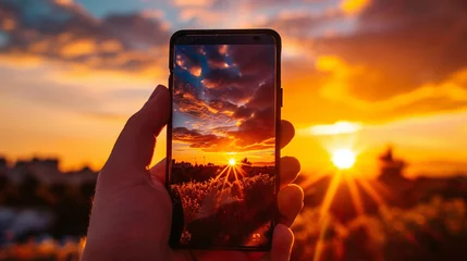 Photo sur Plexiglas Coucher de soleil sur la plage Phone showing vibrant, beautiful sunset, AI Generated