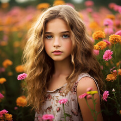 Naklejka premium Portrait of a young beautiful girl among wildflowers.