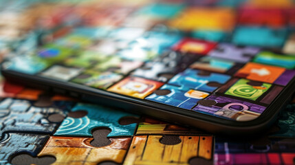 Smartphone in a jigsaw puzzle format, each piece showing different apps, AI Generated