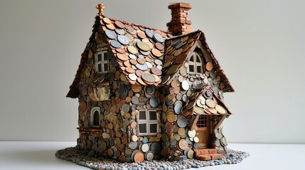 Whimsical house made of mix of coins from different countries, AI Generated