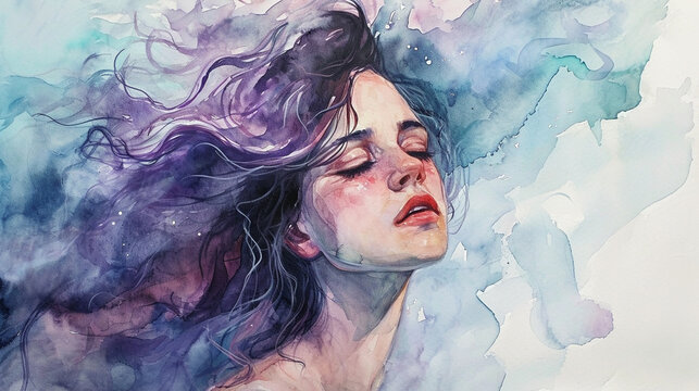 Watercolor portrait of dreamy girl with floating hair, AI Generated