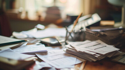 Accountant's desk cluttered with financial statements, AI Generated - obrazy, fototapety, plakaty