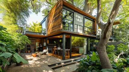 Fotobehang Eco-friendly house with investments like flourishing tree in backyard, AI Generated © Shining Pro