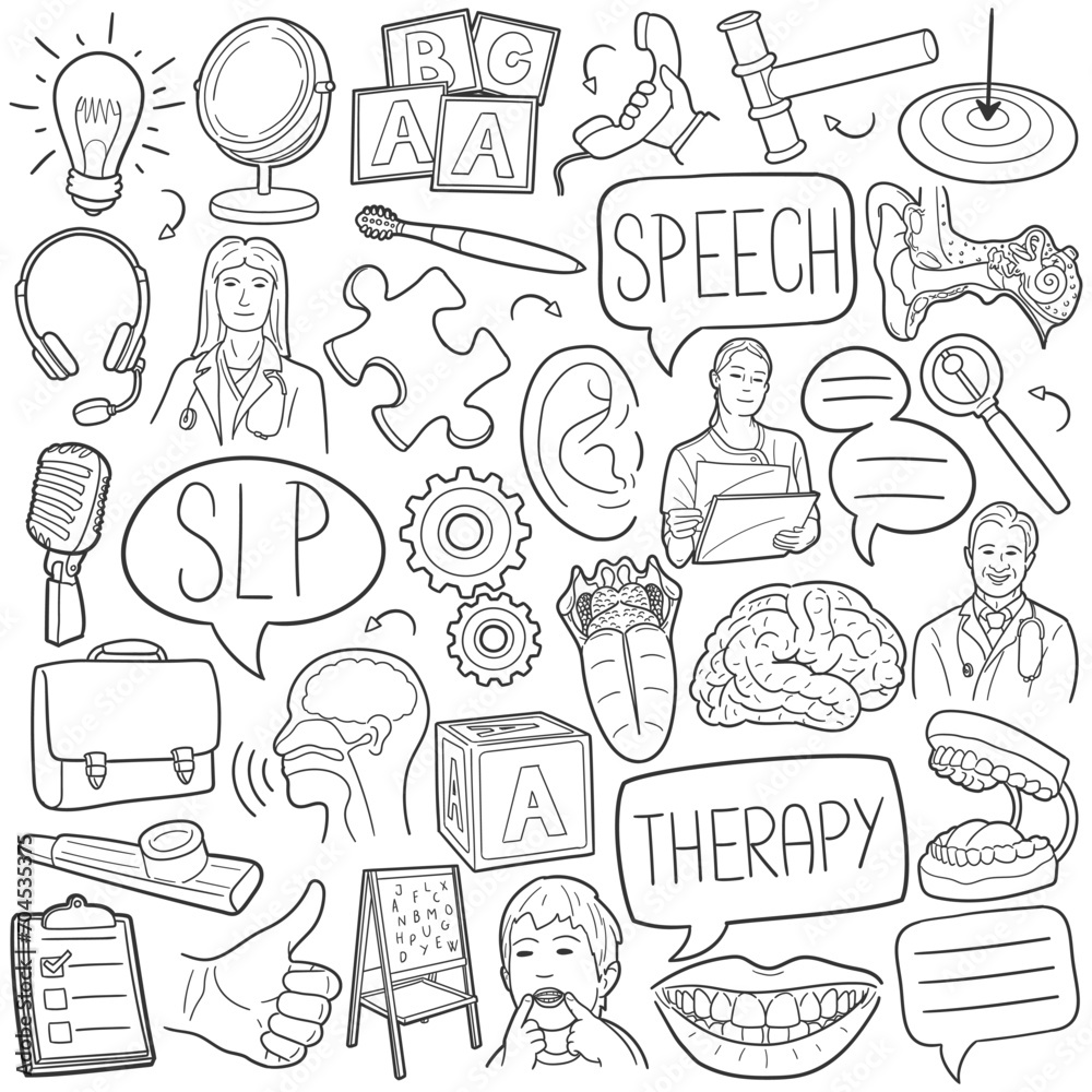 Sticker SLP Doodle Icons Black and White Line Art. Speech Language Pathologist Clipart Hand Drawn Symbol Design.