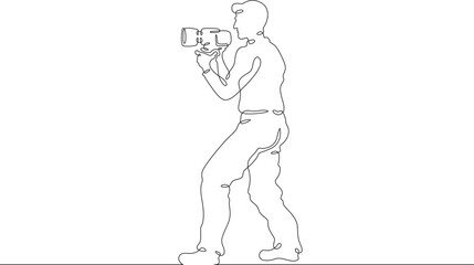 Photographer on the set. Photographer with a camera in his hands. The cameraman is filming. One continuous line drawing. Linear. Hand drawn, white background. One line