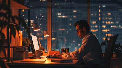 Office manager working late night to meet deadlines, AI Generated - obrazy, fototapety, plakaty