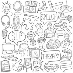 SLP Doodle Icons Black and White Line Art. Speech Language Pathologist Clipart Hand Drawn Symbol Design.
