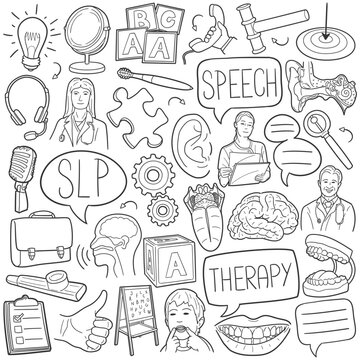 SLP Doodle Icons Black and White Line Art. Speech Language Pathologist Clipart Hand Drawn Symbol Design.