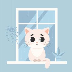 A sad cat sits on the windowsill among flower pots, it’s raining outside the window.  Sadness and depression concept.